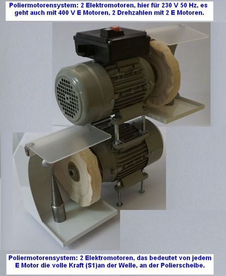 Elektromotor – Zwilling als Doppelwellenmotor (ohne Dopplwelle), im Bild der E Motor mit Polierscheibe auf der Welle rechts oben, der andere Poliermotor mit der Polierscheibe auf der Welle links unten, komplettiert mit Schutzhauben und Gewinde-Dorn für die Polierscheibenaufnahme, hier für 1 Drehz + 1 Drehzahl und 230 V Anschlüsse.