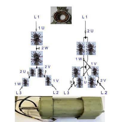 Bohrmaschine Dahlandermotor, eine mit 2 Drehzahlen, hier neu wickeln als Reparatur. Das gibt es &ouml;fters bei St&auml;nderbohrmaschinen das ein 2/4 poliger Dahlandermotor drinnen ist. Bei &auml;lteren Maschinen ist halt das Problem das es keinen Ersatzmotor gibt. Also ... AQ Pluss Motoren nutzen f&uuml;r die Instandsetzung, es w&auml;re doch schade so eine gute alte langgediente Bohrmaschine zu verschrotten.  Hier im Bild die Schaltung oben die Wicklung unten der defekte Dahlandermotor.
