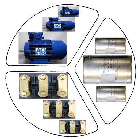 Drehstrommotor von 400V auf 230V umklemmen Elektromotor - vertauschte DMot, Bild 3 D Motoren, 3 Kondensatoren, 3 Klemmbretter Dreieck 230 V