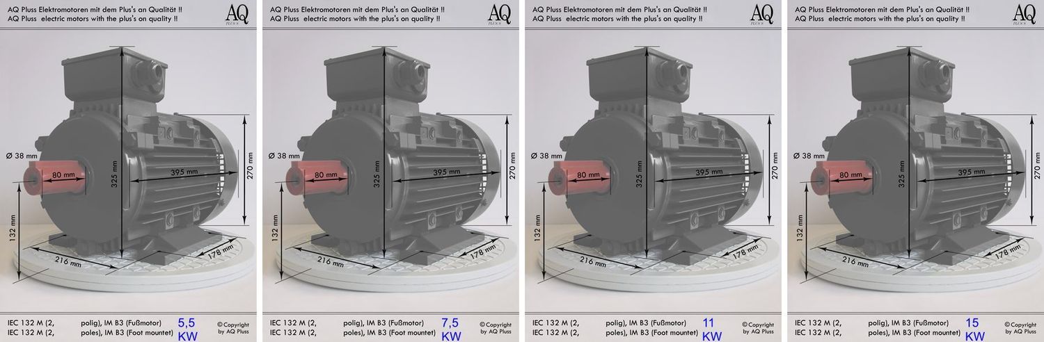 Elektromotor - alten möglichst durch gleichen E Motor ersetzen, wenn Ihr E Motor durchgebrannt ist ... aber dran denken; die Leistungserhöhung beachten, hier in gleicher Größe die unterschiedlichen Leistungen, im Bild von links nach rechts: 5,5 KW zu 7,5 KW zu 11 KW zu 15 KW, (zu 18,5 KW ginge eventuell auch noch); Aber - aber hier in dem Beispiel nur alle 2 poligen sind fast gleich in der Mechanik aussen, innen ist das Blechpaket und die Wicklung anderst, natürlich werden die auch immer schwerer - beachten !!