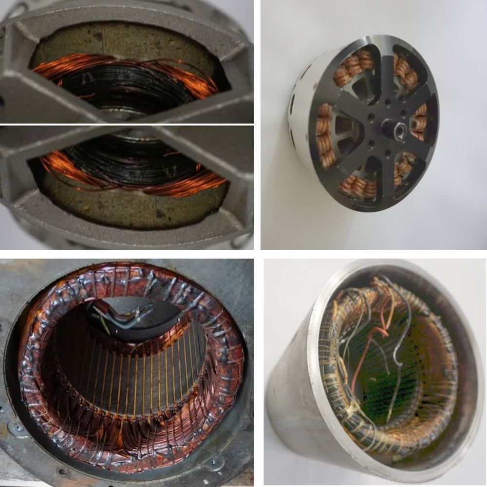 Elektromotor - Pressetext zu KI &Uuml;berwachung, hier 4 Beispiele im Bild, einfach um eine KI Bild-Meinung fragen, 1) 2 Phasenlauf Schaden, 2) Drohnenmotor ohne erkennbaren Schaden (Wicklungsdurchschlag), 3) D Mot hohpolige Wicklung der Wickelkopf (leichte &Uuml;berlastung), 4) Pumpenmotor Schaden unklar (ev. Windungsschlu&szlig;).hen was KI sagt
