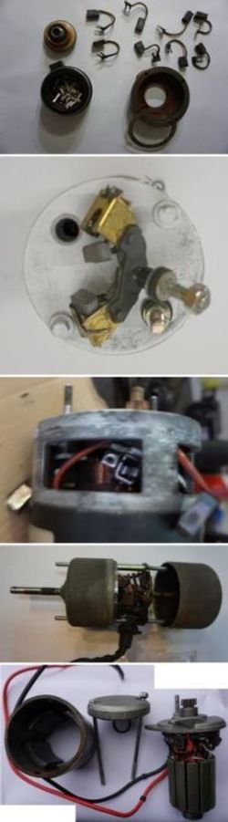 Elektromotor – DC-Oldtimermotor da bekommen wir immer wieder welche davon, es wird gesucht und gesucht kein Ersatz auffinbar- nun dann AQ Pluss nutzen. Im Bild (aus unserer Bildserie direkt von der Werkbank) von oben nach unten: Zerlegter alte KFZ DC Motor, Reparatur Bürstnhalter (Kohlen),  defekter Kohlehalter (Bürsten), defekter DC KFZ Motor, (Fensterheber z.B.), defekter DC KFZ Permanentmagnetmotor - zerlegt.
