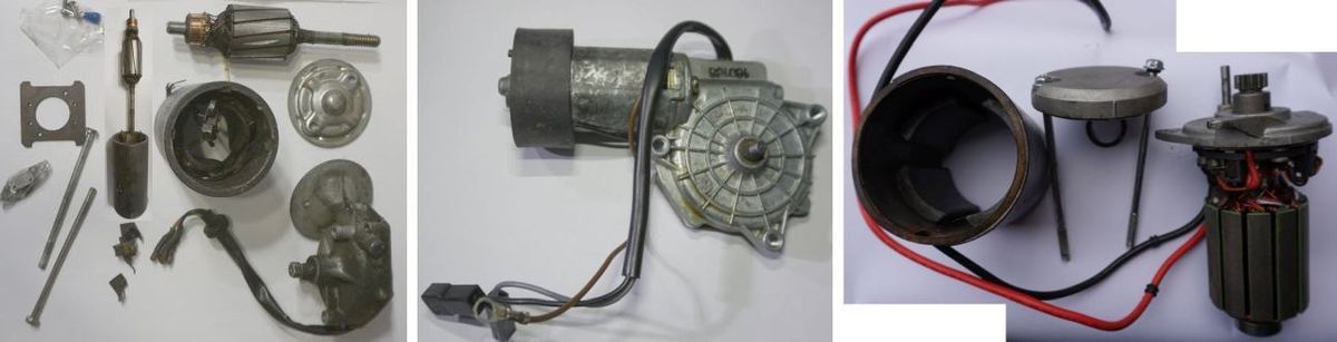 Elektromotor &ndash; DC Oldtimermotoren,  da bekommen wir immer wieder welche davon (3 im Bid als Beispiel), das Szenario ...  es wird gesucht und gesucht im Netz und weltweit, kein Ersatz auf zu treiben, alle Schrottpl&auml;tze leergefegt, - nun dann eben AQ Pluss Motoren f&uuml;r die Instandsetzung einschalten,  wann ja - dann reparieren wir, einfach Kosten einholen. Bild links, Scheibenwischermotor zerlegt, Bild mitte Scheibenwischermotor komplett mit Getriebe zu sehen, Bild rechts, kleiner Fensterheber DC 12 V KFZ Motor.