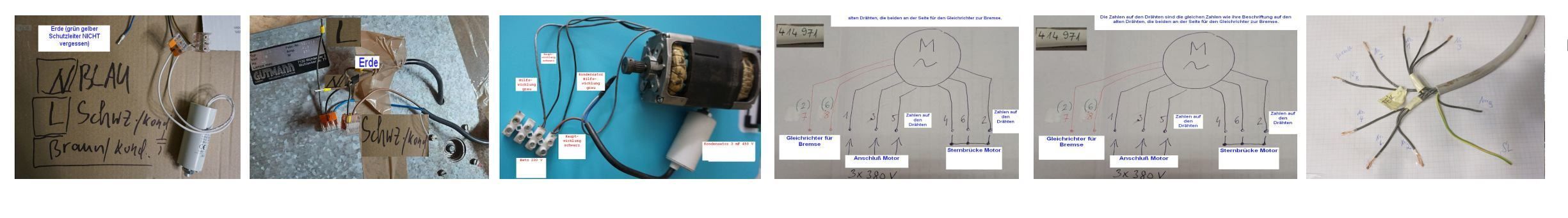 Elektromotor &ndash; die neuen Tools von AQ Pluss Motoren, sie sollen helfen, in solchen F&auml;llen, wie hier diese Beispiele von Kunden, die nun mal nicht die Techniker oder noch weniger die Elektromotorenspezialisten sind.  Einfach Dienst am Kunden, auch wenn es sehr m&uuml;hsam ist fachliches unfachlich zu vermittel, manchmal langwierig ... aber bis jetzt ist wieder alles gelaufen zum Schlu&szlig;. Im Bild zu sehen: Anschlu&szlig; eines 1 Ph Ventilators, ein AC Ko&ouml;&ouml;ektormotor, ein Drehstrommotor, ein Drehstrommotor, ein Dahlandermotor, die Anschlu&szlig;belegungen der Dr&auml;hte als Handskizzen.