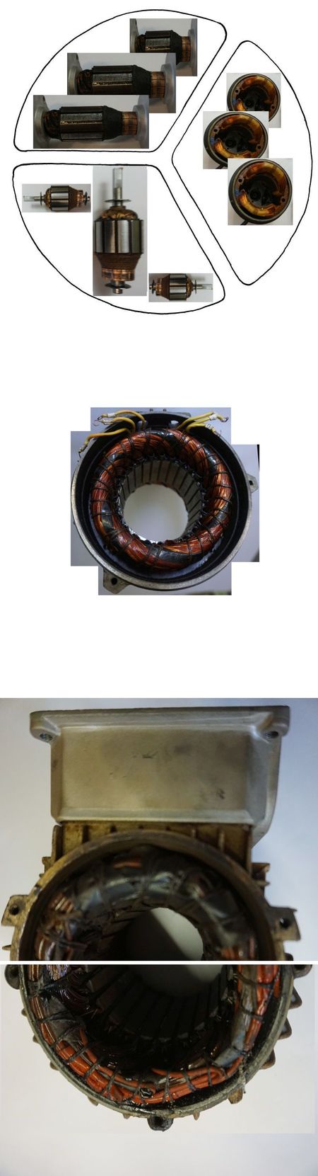 Elektromotor – durchgebrannte Wicklung Beispiele - so sieht es nicht gut aus, im Bild:  3 Beispiele im Teilkreis 1 Stator 2 Anker (DC Rotoren), 1 Stator mit Erdschluss, 1 Stator mit halbierter Wicklung vorher - nachher