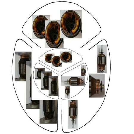 Elektromotor – durchgebrannte Wicklung Totalschaden dieses Motors Abholfe Wicklung erneuern oder Ersatzmotor - wenn es passt,. im Bild eine Collage 2 x 3er Teilkreis mit 3 Statoren offen, 3 Rotoren DC mit Wicklung in verschiedenen Ansichten