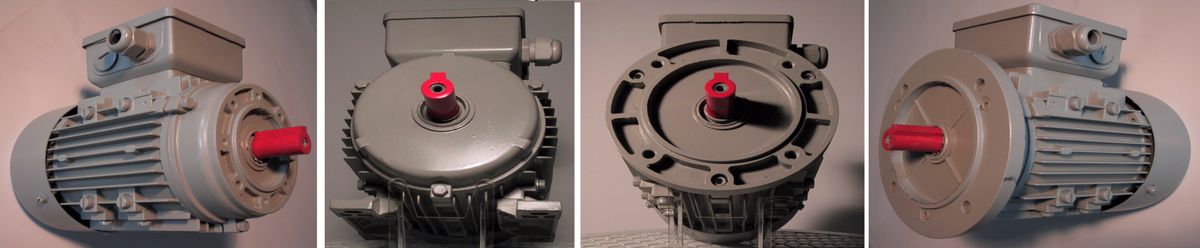 Elektromotor &ndash; Elektromotoren breite Vielfalt, zahlreichen Varianten, hier die Drehstrommotoren in den Bauformvarianten, wie eventuell auch schon bekannt, im Bild zu sehen: Links B14kl, dann zweiter von links B3, rechts B5, zweiter von rechts B14gr, die Grundbauformen, die anderen sind vernachl&auml;ssigbar, hier zu erg&auml;nzen w&auml;ren noch die Kombibauformen, also die Flansche mit an den Fu&szlig;motoren (B3 zweites Bild von links mit dem ersten mit dem Fllansch)