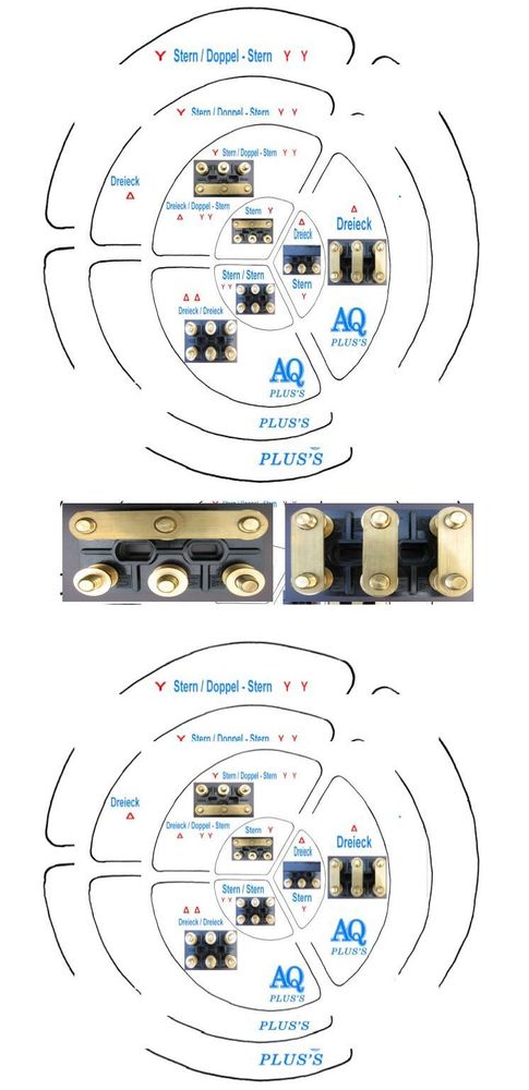 Elektromotor – falsch verschaltet, nein, richtig – aber an der falschen Spannung angeschlossen, so herum doch Schaltung falsch, im Bild eine Collage oben Klemmbretter mit verschidenen Schaltungen, unten ebenso, Mitte die wesentliche Schaltung, Klemmbrett Stern links, Klemmbrett Dreieck rechts