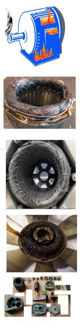 Elektromotor – mehr Leistung, z.B. im Bild sind 4 Stator mit verbrannter Wicklung unter einander, Einsatzgebiete sind verschiedene, allen ist es viel zu heiß innen gworden - durchgebrannt, eine höhere Iso Klasse könnte ev. helfen.