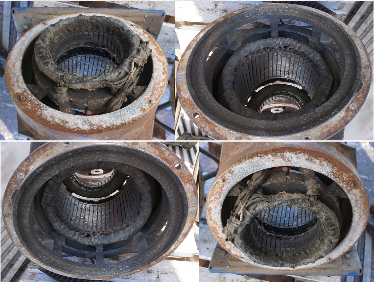 Elektromotor – mehr Leistung, Stator mit verbrannter Wicklung, E Motor Einsatzgebiet waren die Tropen, also viel zu heiß aussen und auch viel u heiß dann innen. Im Bild 4 Statoren zu shen, offene mit der Wicklung, den Wickelköpfen.