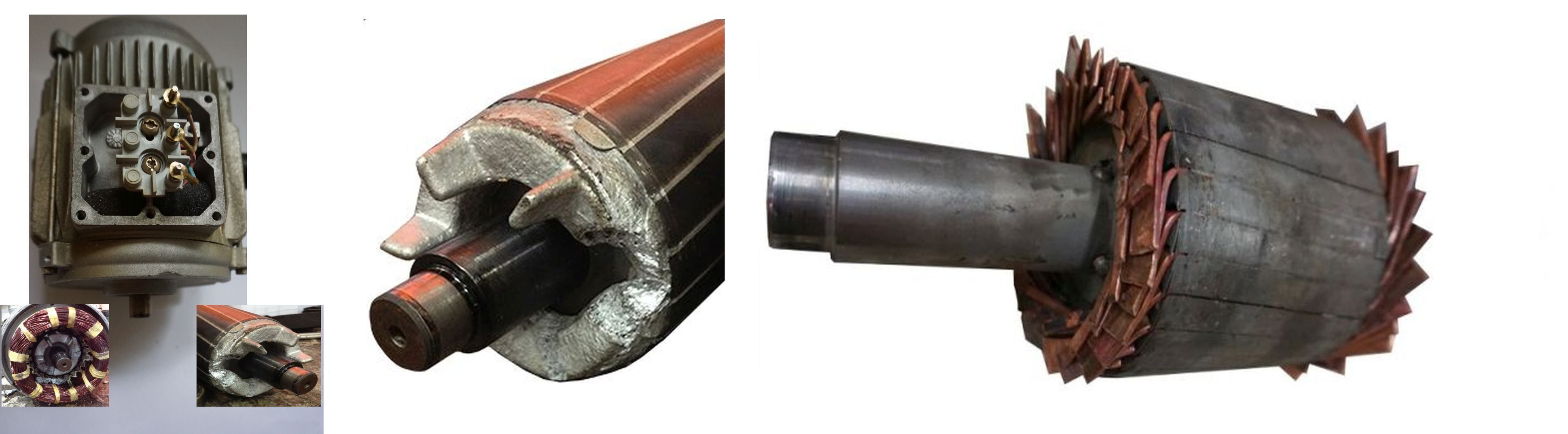 Elektromotor – reparieren, was gemacht wird hier die Rotorreparatur des geschmolzenen Kurzschlußringes, Bild links, der Stator, Rotor und der Wickelkopf A, vom zerlegten E Motor, Bild mitte der Rotor (DSKL) vom defekten E Motor aus der Gastronomie, rechts die Zwischenstufe mit Kupferprofilen verstabter Rotor, wird noch bearbeitet.