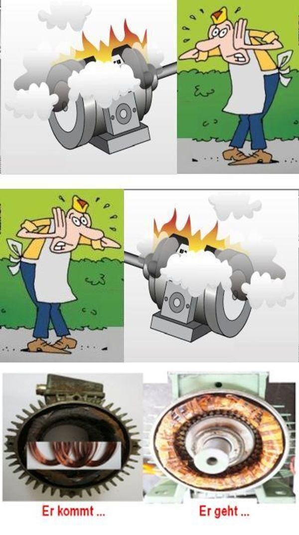 Elektromotor &ndash; warum Elektromotoren kaputt gehen, wenn sie lange lange gelaufen sind, im Bild dazu zu sehen: Elektromotoren-Cartoon Mann erschrickt ... oh je - oh je der Motor steht in Flammen, ganz unten der E Motor ist offen, die Wicklung wie sie verbrannt zu AQ Pluss komt und rechts wie sie repariert wieder ""geht"".