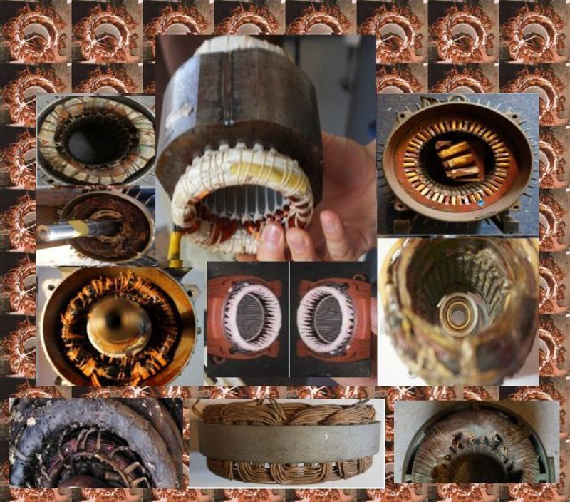 Elektromotor – wenn die Stricke reißen, "Stricke" sind die Wickelkopfbandagen gemeint, eine Collage von ... Bandage zerissen 4 kleine Bilder der Wickelköpfe, und im Vergleich neue Bandagen angelegt 3 Bilder (und Zentralbild Hand mit Statorpaket), 2 Bilder ohne Bandagierung ... noch.