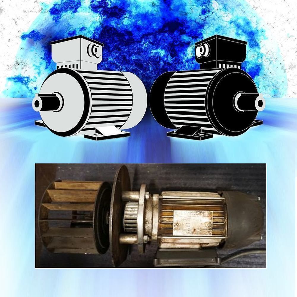 Elektromotor &ndash; wenn es zu sp&auml;t war und er doch auf einmal durchgebrannt ist, wenn leider alle Schutzmechanismen versagt haben ?? Im Bild oben 2 CZ AQ Pluss Normmotoren mit eventueller H+ Wicklung (bis ca 180 Gr Cels Ambiente) und unten ein Beispiel von unserer Werkbank: ... wenn es zu sp&auml;t f&uuml;r ihn war und er durchgebrannt ist, hier zB ein Rauchgasventilator f&uuml;r den Kamin.