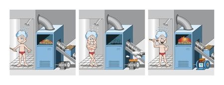 Elektromotor – wieder durchgebrannt warum und was Sie dagegen tun können, im Bild die Pelletheizung defekt, Wasser kalt, das Beispiel im Cartoonstrip