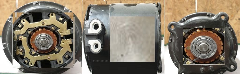 Elektromotor – wurmt Ergebnis, ein DC Motor, "eine gute Sache" nach unserer Ansicht, Ergebnis - Reparatur - Qualität OK, Kundenzufriedenheit ..... es kommt halt auf den Kunden an !! Hier das Bild eines Hydraulikmotors (3 teilig) von einem Stapler ... offen, mit Bürstenhalter links, Motorkorpus mitte, Kollektoransicht rechts.