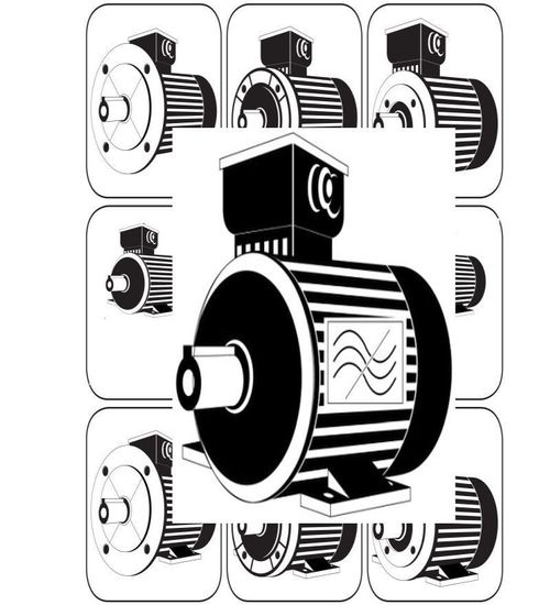 Elektromotor 100 Hz Betrieb – Frequenzumrichter und Umwicklung zur Optimierung, im Bild einne Collage aus Icons, 8 E Motorteile zu sehen und in der Mitte groß, das Icon des 100 Hz ( 87 Hz ) Motors