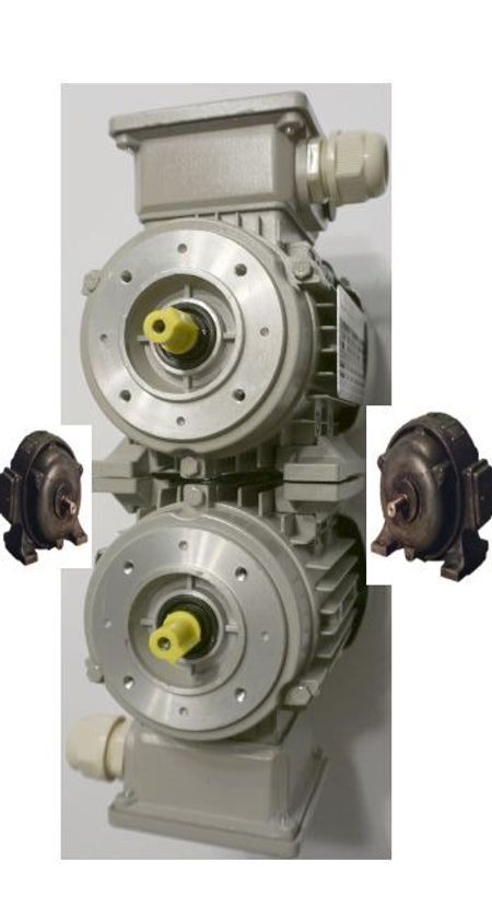  Elektromotor  2-, 4-, 6-, 8-polig: Drehzahl, Drehmoment & Einsatzbereiche im Vergleich, 2 moderne kleine DSKL Motoren übereinander, rechts und links alte E Motoren, als optischer Vergleich
