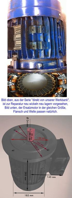 Elektromotor 3 KW, verfügbar in der Größe eines 2,2 KW E Motors, mit ev Sonderflansch je nach Bedarf, alternativ neu wickeln und neu lagern oder doch alternativ einen Ersatzmotor, im Bild: Oben der defekte E Motor 