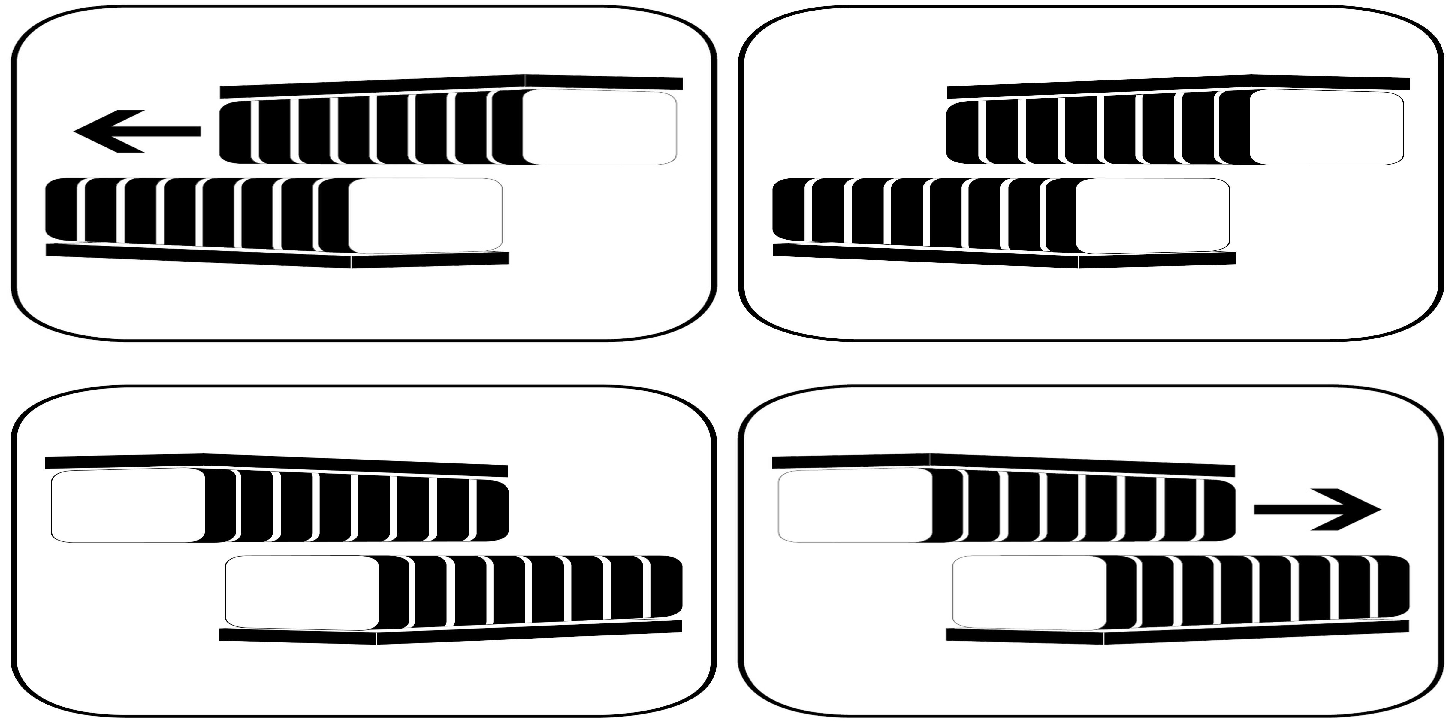 Elektromotor 61) Elektromotoren-Glossar-Blog Linearmotor. Im Bild hier als Icon in 4 Darstellungen, ein Ausschnitt - kurz die 8 Magnetsegmente oben und 8 Magnetsegmente unten, die stoßen sich halt voneinander ab, 1 fest und 1 lose = das gibt die lineare Bewegung (Richtungspfeil). Ein Stück von lang, es kann nämlich sehr lang immer wieder aneinander gesetzt werden. Die Magnetschwebebahnen sind das interessanteste Beispiel dafür.