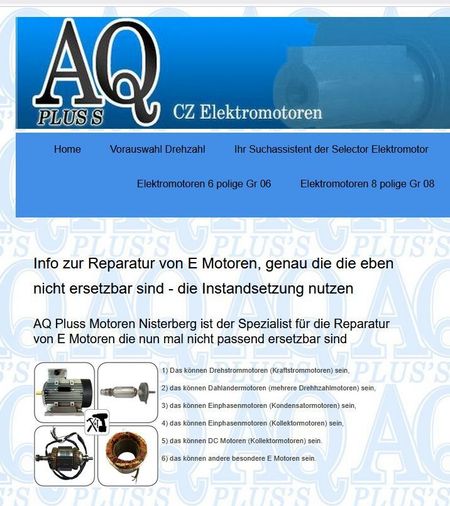 Elektromotor alter IP23 E Motor zB aus einer Bäckereimaschine nicht ersetzbar - Instandsetzung als Lösung, im Bild ein Screenshot der AQ Pluss Internetseite das die 4 Reparaturquadranten zeigt.