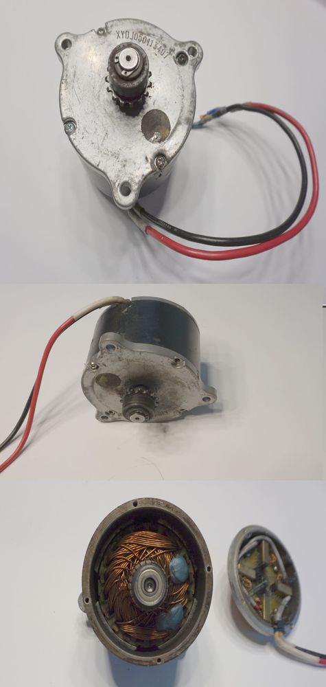 Elektromotor aufmagnetisieren genügt oder was gehört zu einer fachgerechten Überholung dazu, im Bild oben der DC Motor in Frazfsicht mit Ritzel, Mitte der DC Motor von oben längs mit 2 Kabel, Bild unten der DC Motor offen der Anker das Magnetfeld ist zu sehen, rechts daneben das B Lagerschild mit den 4 Bürtstenhaltern und Drähte.  