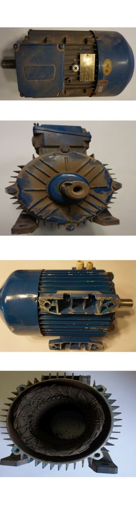 Elektromotor brennt zweimal durch UrsachenAnalyse Problemlösung Spezialreparatur das Bild direkt von der Werkbank, oben E Motor von oben, E Motor von vorn, E Motor von halb unten, E Motor offen Wickelkopf stark verbrannt, alle vom mehrfach durchgebrannten blauen E Motor.