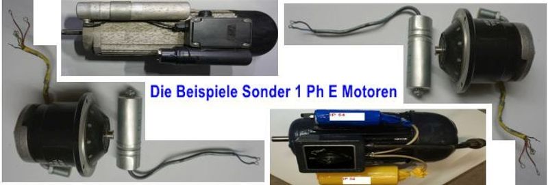 Elektromotor dem Privatbereich zugeordnet, hier das Beispiel nicht ersetzbarer (im Bild) 3 Sonmdermotoren, Kondensatormotoren für 1 Ph. Netz - Lichtstromnetz 230 V 50 Hz Netz, oben mitte Sägeflachmotor, rechts und links 1 Ph Dahlandermotor, unten mitte Schweranlaufmotor über Schalter.