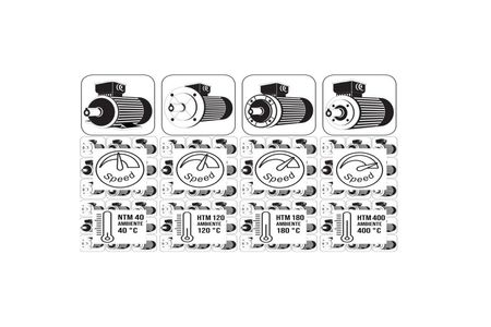 Elektromotor – die Auswahl-App, der Selektor hat viele E Motoren zu bieten, im Bild die Grafik, die Icons, 4 kleine E Motoren-Icons, drunter 4 Drehzahlanzeigen, drunter 4 Temperaturbereiche.