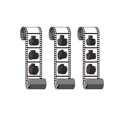 Elektromotor – die Bauformgalerie nach IEC, inCartoonform als 3 Filme nebeneinander, Bauformen in den Filmbildern Fußmotoren und Flanschmotoren, sowie die Kombibauform Fuß/Flansch - Motoren.