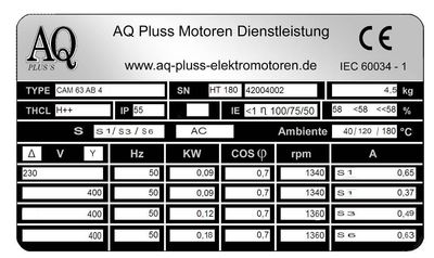 Elektromotor erhöhte Leistung 1 te Möglichkeit, S1 - S3 - S6 als Typenschild (im Bild mit den S1 S3 S6 Daten), die  Lösung über Temperaturresilenz ein HTM 180