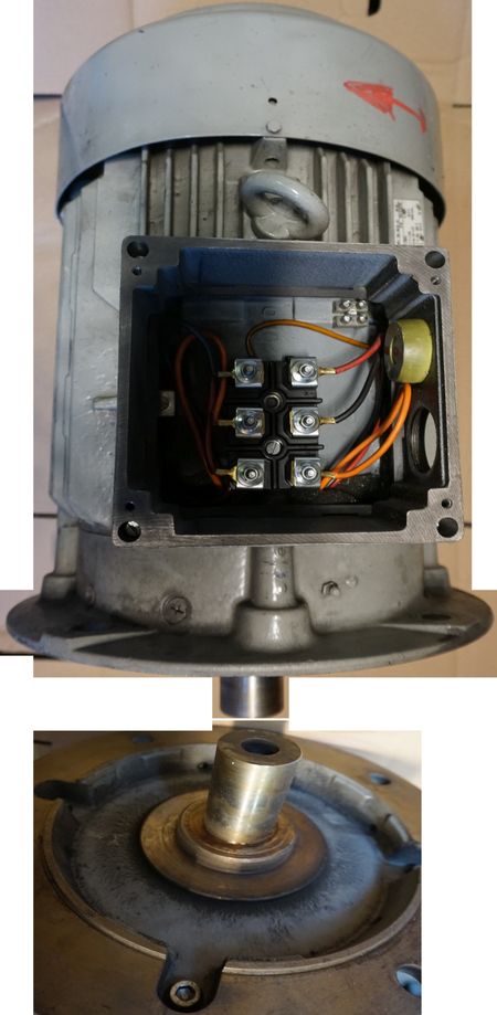 Elektromotor in Warteposition Stillstand vermeiden durch vorausschauende Redundanz, im Bild oben der 15 KW D Motor, unten der Wellenausgang mit der Verstärkung des Lagersitzes.