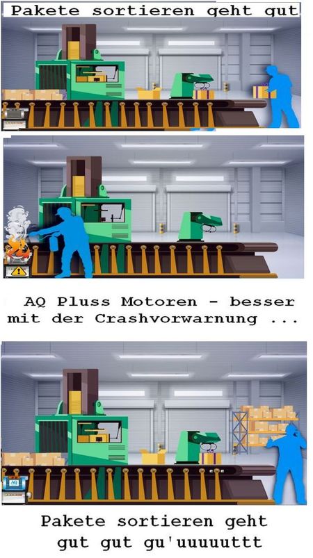 Elektromotor kein Paket da, es fehlt da und dort, wo ist es - wo ist es abgeblieben -  fehlgeroutet oder Motorausfallgeroutet, im Bild eine 3er Sequenz, 1. Paketband läuft mit 1 Sortierer - läuft, 2. Paketband Chaos derr E Motor brennt Mann löscht, 3. Band läuft gur mit AQ Pluss Motor, der Sortierer hat viel Arbeitr.n