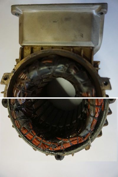 Elektromotor läuft schwer – Überlastung Wicklung verbrannt - durchgebrannt Stator oben - unten zu sehen 