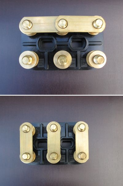 Elektromotor läuft schwer – falsche Spannung ... Verwechselung, Bild = Stern und Dreieckschaltung in 2 Klemmbrettern, als Ursache
