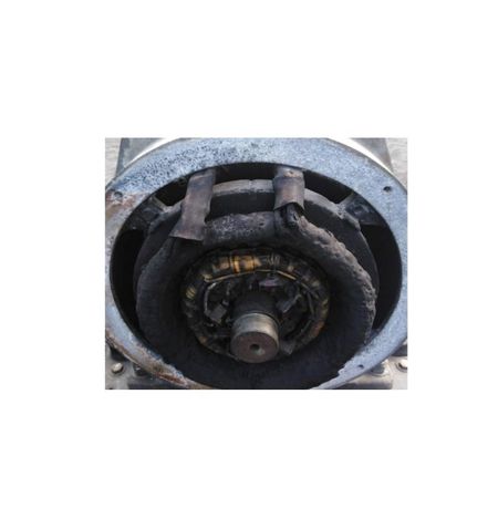 Elektromotor – manchmal problematisch, hier im Bild ein Generator (für Dieselantrieb), von einem Kühlkontainer, der um die Welt schippert. Zu sehen ist der vorne offene Generator mit Statorwicklung und Ankerwicklung auf der Welle im RotorBlechpaket. 