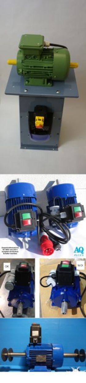 Elektromotor Polierlösungen,  Effiziente Poliertechnik neu gedacht,  AQ Pluss Motoren liefert die E Motoren hier die Versuchsmodelle zum selbst bauen.  Im Bild oben, Frequenzumrichter mit optimiertem E Motor, Drehmomentkostant, drunter 2 Mustermotoren mit Doppelwellen, drunter 2 Vergleichsmodelle gu ... nicht gut und ganz unten eine Art klassischer Doppelwellenmotor mit 2 langen Spindeln.