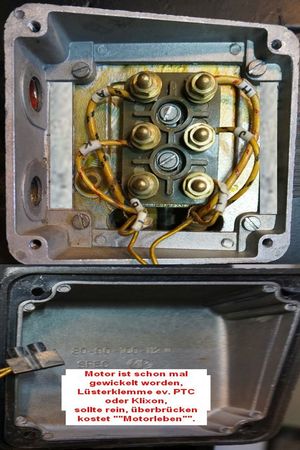 Elektromotor Praxis – es geht kein Weg daran vorbei - oder - Nachfrage Motorschutz PTC oder Klixon schützt bedingt vor wieder durchbrennen, im Bild erkennbar schon einmal neu gewickelt, am Klemmbrett keine Fabrik-Originaldrähte..