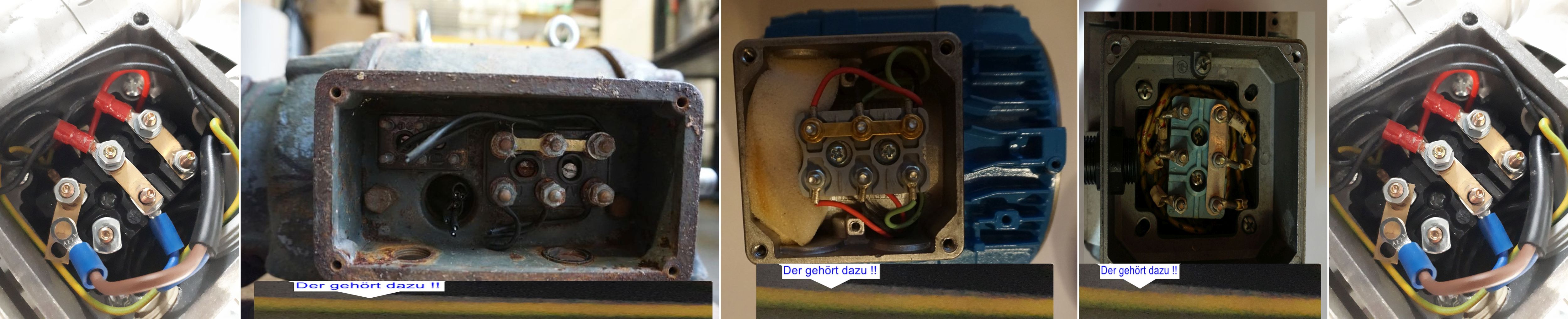 Elektromotor Praxis, – es geht kein Weg daran vorbei, der grün gelbe Draht muss dabei sein, es sind sehr gefährliche Bastelarbeiten, was da so in Unkenntnis gemacht wird. Im Bild zu sehen Klemmenkästen offen, alte und neue, teilweise fehlt der grün gelbe Erdungsdraht2ter von links und zweitzer von rechts, die beiden anderen neueren haben ihn.
