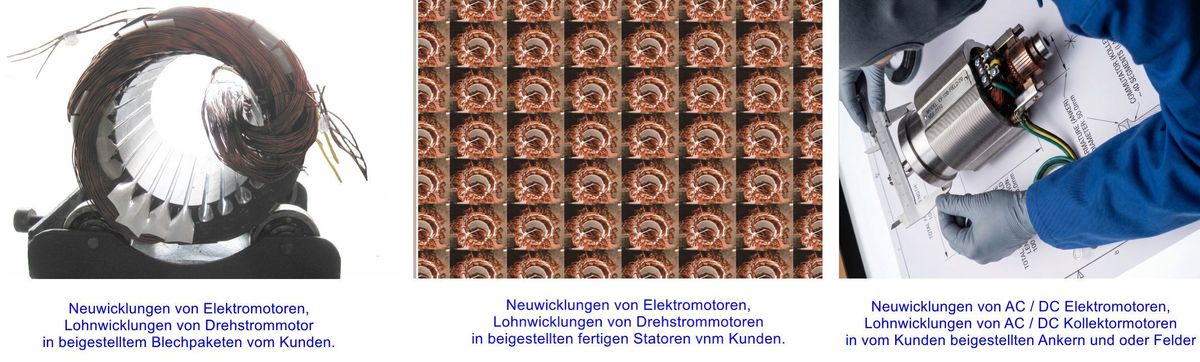 Elektromotor Reparatur und Neuwicklung, hier der Schwerpunkt Lohnwickeln von Statoren, Blechpaketen, Anker mit oder ohne Feldwicklung, im Bild links Drehstrom Statorwicklung auf einem Montagewerkzeug manuelle Wicklung, Bild mitte Großstatoren fertige E Motoren ohne Wicklung zum lohnwickeln, rechtes Bild Ankerwicklung und Feldwicklung, montiert zu fertigem AC Kollektormotor in Serie. AQ Pluss Motoren Lohnwicklungen nutzen