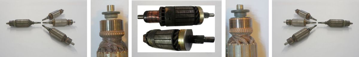 Elektromotor Reparaturdauer,  Servicegrade und Lieferzeiten im &Uuml;berblick, hier die Kollektormotoren nur im Servicegrad 3 machbar, die Anker neu wickeln, der Ersatzkollektor braucht mindestens 2 Wochen davon ... leider. Im Bild: links 3 AC Anker, im Bild rechts 3 AC Anker, zweites von links Kollektor am Anker, zweites von rechts Kollektor am Anker, mittig 2 grob gewickelte DC Anker aus einem alten Traktor.