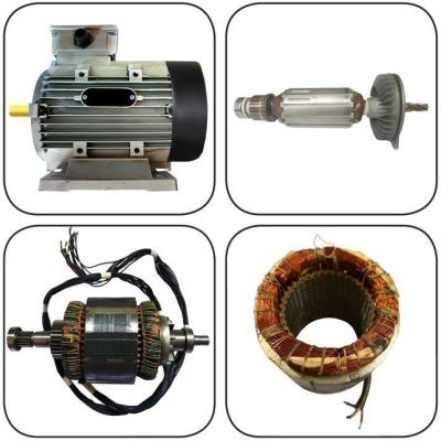 Das Bild zeigt: Elektromotor reparieren oder neu kaufen, links oben Modormodell für neu - rechts unten Reparatur Stator und noch 2 Bilder Anker und Garnitur.