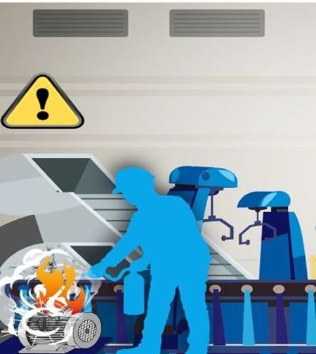 Elektromotor Schall und Rauch – Lagerüberwachung schützt, damit es vorher klar ist ... es kommt der Crash, im Bild ein Elektromotoren - Cartoon mit einer Maschine, ein Mann löscht mit einem Feuerlöscher einen brennenden Elektromotor. 