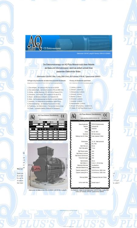 Elektromotor Steckbrief – Minimaldaten auf einen Blick, im Bild screenshot 1 Datensatz 