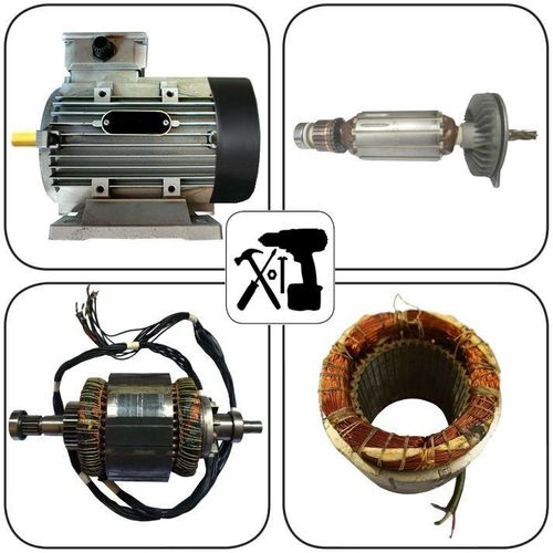 Elektromotor wirtschaftliche Grenze, dazu die bildliche darstellung (grob), der 4 E Motorenreparaturbereiche. Links oben ein E Motor wie man ihn kennt, rechts oben ein Anker (Rotor) mit einer Wicklung, rechgts unten ein Blechpaket mit Wicklung und links unten ei Stator mit gewickeltem Rotor (kein DC Anker), mittig Icon Hammer Akkuschrauber.