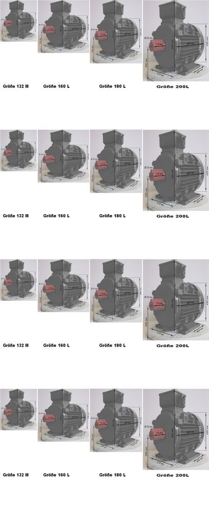 Elektromotor zu kurz gebaut - warum extrem kompakte Motoren trotzdem reparierbar sind, im Bild zu sehen hier zB 15 KW 2 pol in 4 Größen
