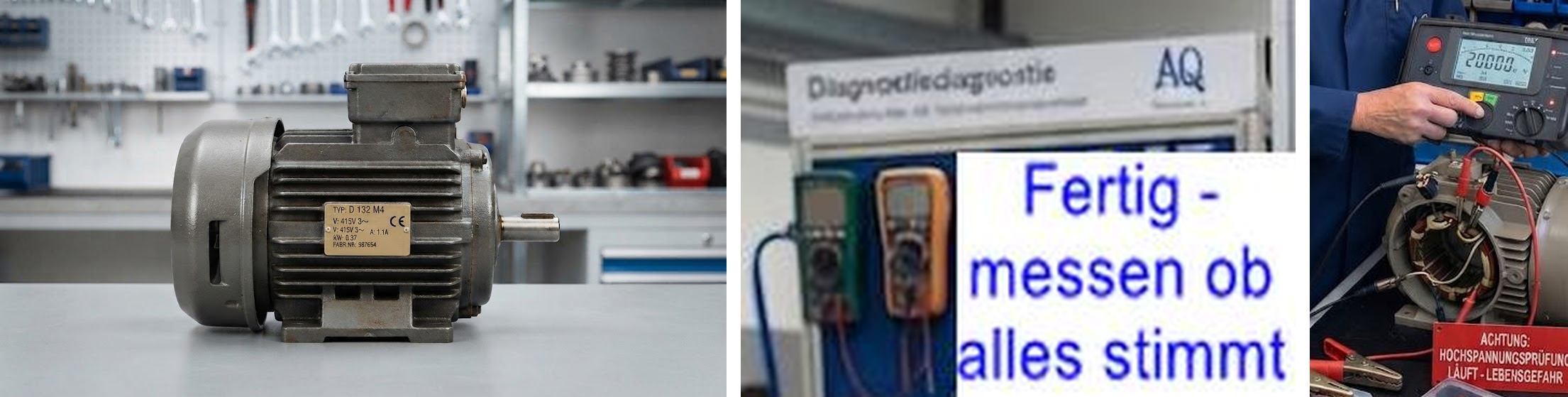 Elektromotoren Glossar Blog - Hochspannungstest, der test nach der Reparatur, und final messen ob alles stimmt an Daten für das Meßprotokoll zum Abschluß. Im Bild ein repariereter E Motor, D Mot, Diagnosecke mit 2 Meßgeräten, Hochspannungstest dazu (rechtes Bild).