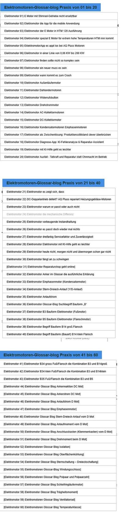 Elektromotoren Glossar Blog 1 bis 60 (hier im Bild die Suchbegriffe untereinander), die - 61 bis über 100 folgen, die Glossarbegriffe sind hart an der Praxis orientiert, dazu das / mit Bildmaterial direkt von der Werkbank, die defekten eingegangenen E Motoren. 