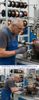 Elektromotoren Glossar Blog, der Mann im Blauman, Bild Person (Freigabe Person zur Veröffentlichung legt vor),  in Arbeitshose an Wickelmaschine, wickelt einen Anker, Bild oben und Bild unten.