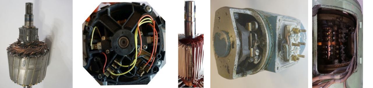 Elektromotoren Glossar Blog, Artikel der Mann im Blaumann, Bild Person (frei gegeben) in Arbeitshose an Wickelmaschine, hier die Vorlagen daf&uuml;r an Beispielen links kleiner Anker schwer gefetzt, zweiter R&uuml;ckseite B&uuml;rstenhalterung, rechts B&uuml;rsten im Geh&auml;useausschnitt, zweiter von rechts  Anker noch im Geh&auml;use, Bild mittig ein DC Anker f&uuml;r die verstellung Bl&auml;tter bei Windkraftanlagen.